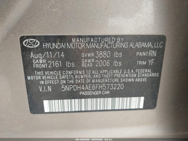 44982080 :رقم المزاد ، 5NPDH4AE6FH573220 vin ، 2015 Hyundai Elantra Se مزاد بيع