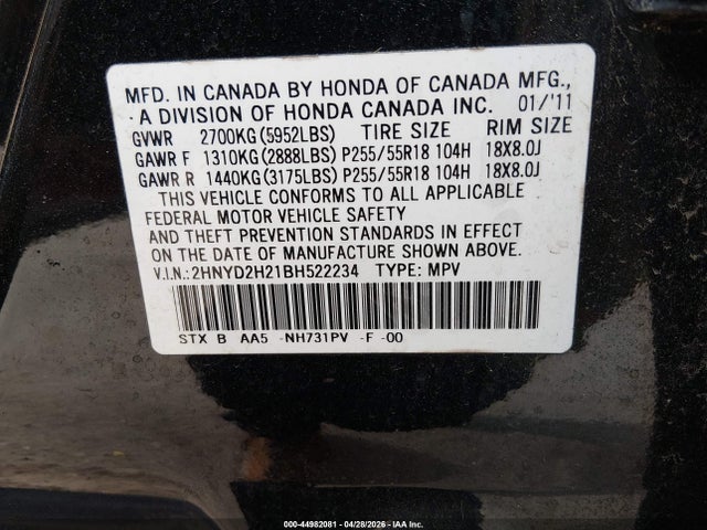 44982081 :رقم المزاد ، 2HNYD2H21BH522234 vin ، 2011 Acura Mdx مزاد بيع