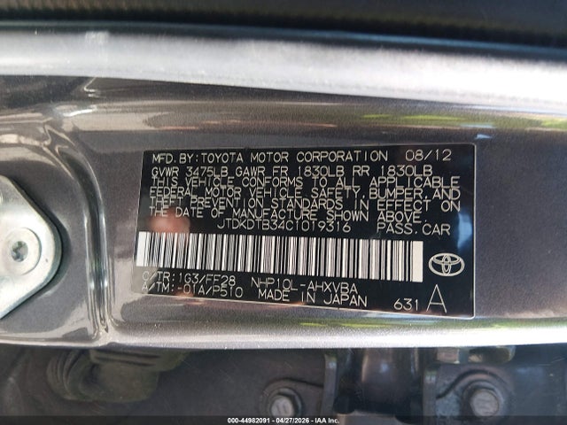 44982091 :رقم المزاد ، JTDKDTB34C1019316 vin ، 2012 Toyota Prius C Two مزاد بيع