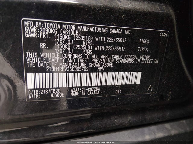 Aukcja sprzedaży 2025 Toyota Rav4 Le, vin: 2T3H1RFV3SC305709, numer aukcji: 44982099