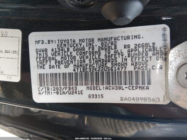 Aukcja sprzedaży 2002 Toyota Camry Le, vin: 4T1BE32K22U561477, numer aukcji: 44982102