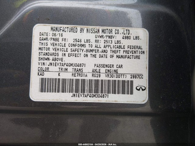 44982104 :رقم المزاد ، JN1EV7AP4GM304871 vin ، 2016 Infiniti Q50 3.0t Premium مزاد بيع