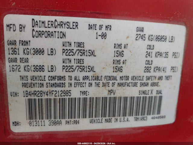 Продаж на аукціоні авто 2000 Dodge Durango, vin: 1B4HR28Y4YF212985, номер лоту: 44982110