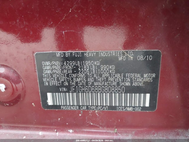 44982111 :رقم المزاد ، JF1GH6D68BG808850 vin ، 2011 Subaru Impreza Outback Sport مزاد بيع