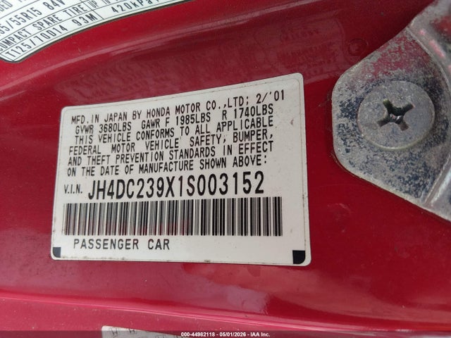 Auction sale of the 2001 Acura Integra Gs-r, vin: JH4DC239X1S003152, lot number: 44982118