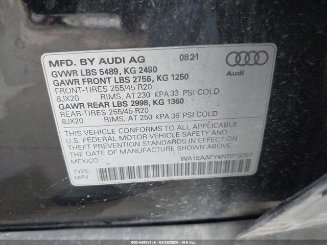 Aukcja sprzedaży 2022 Audi Q5 Premium Plus 45 Tfsi S Line Quattro S Tronic, vin: WA1EAAFY4N2010297, numer aukcji: 44982136