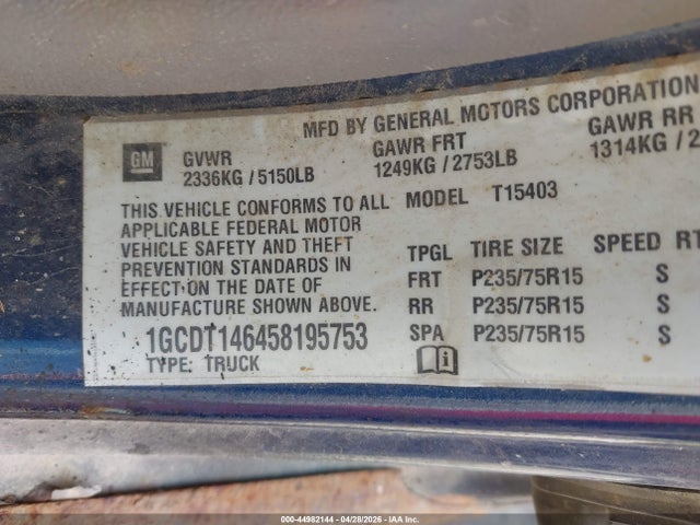 44982144 :رقم المزاد ، 1GCDT146458195753 vin ، 2005 Chevrolet Colorado مزاد بيع
