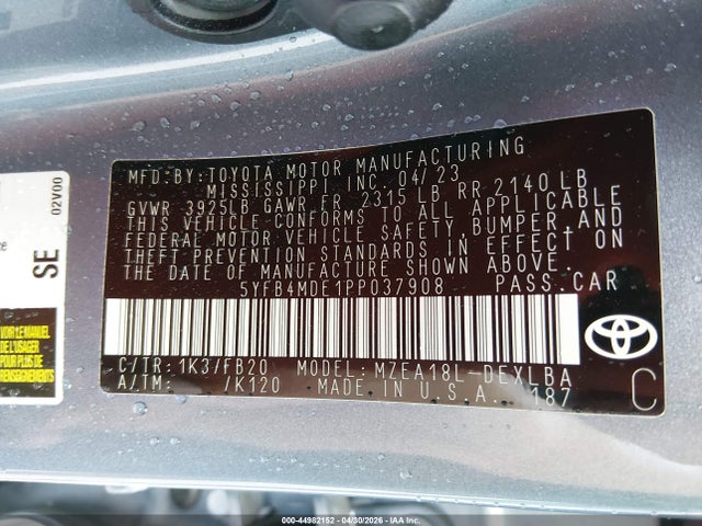 Aukcja sprzedaży 2023 Toyota Corolla Le, vin: 5YFB4MDE1PP037908, numer aukcji: 44982152