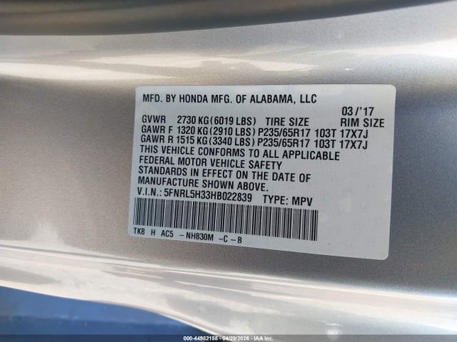Honda ODYSSEY SE 2017 5FNRL5H33HB022839 Image 9