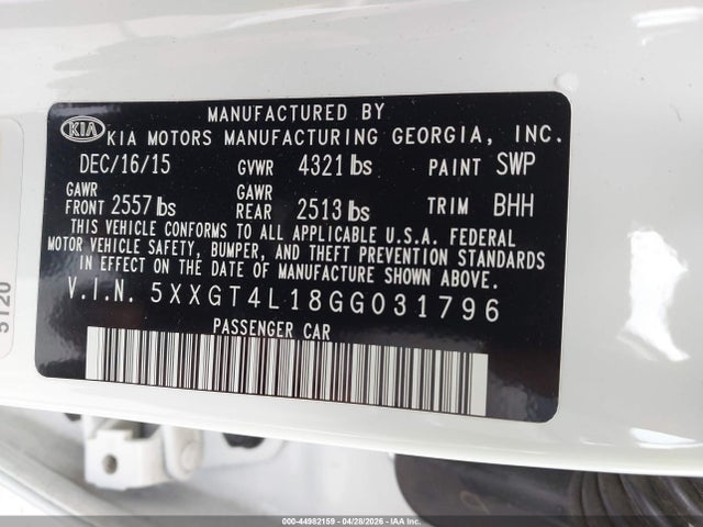 2016 Kia Optima Lx Turbo მანქანა იყიდება აუქციონზე, vin: 5XXGT4L18GG031796, აუქციონის ნომერი: 44982159