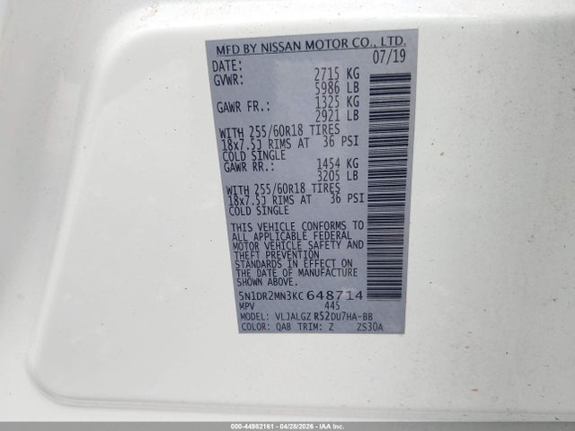 Aukcja sprzedaży 2019 Nissan Pathfinder Sl, vin: 5N1DR2MN3KC648714, numer aukcji: 44982161