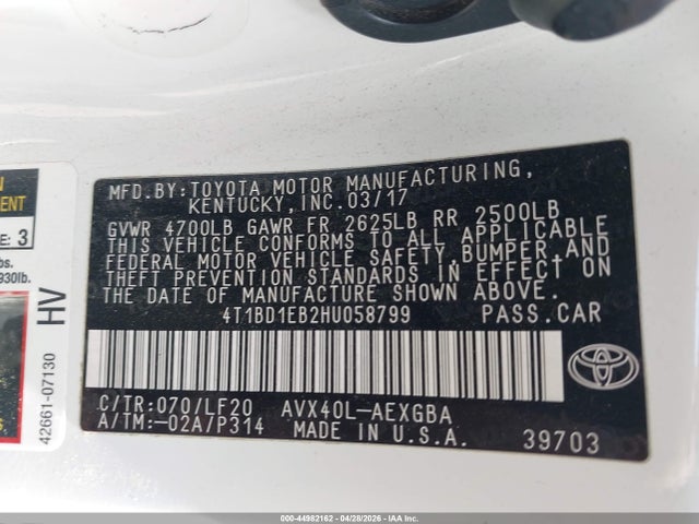 Aukcja sprzedaży 2017 Toyota Avalon Hybrid Xle, vin: 4T1BD1EB2HU058799, numer aukcji: 44982162