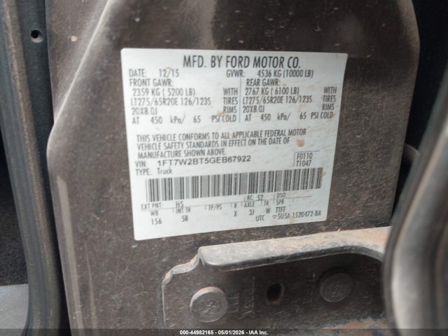 44982165 :رقم المزاد ، 1FT7W2BT5GEB67922 vin ، 2016 Ford F-250 Lariat مزاد بيع
