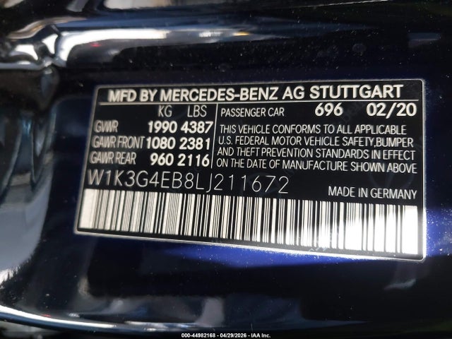 2020 Mercedes-benz A 220 მანქანა იყიდება აუქციონზე, vin: W1K3G4EB8LJ211672, აუქციონის ნომერი: 44982168