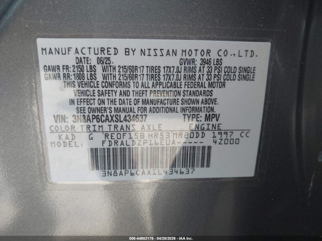 Aukcja sprzedaży 2025 Nissan Kicks Sv Fwd, vin: 3N8AP6CAXSL434637, numer aukcji: 44982176