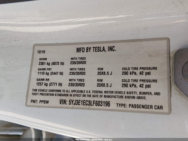 Aukcja sprzedaży 2020 Tesla Model 3 Performance Dual Motor All-wheel Drive, vin: 5YJ3E1EC3LF603196, numer aukcji: 44982208