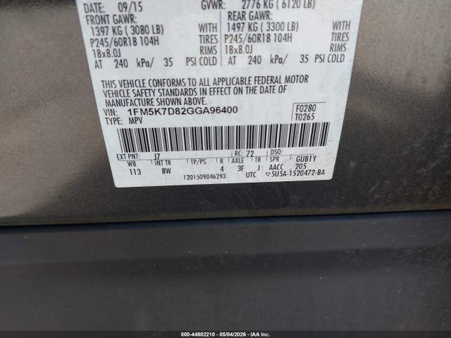 1FM5K7D82GGA96400 Ford EXPLORER XLT