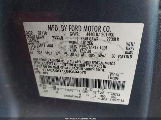 44982214 :رقم المزاد ، 1FMCU0D7XBKA04570 vin ، 2011 Ford Escape Xlt مزاد بيع