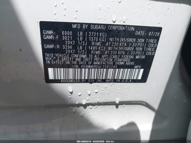 Aukcja sprzedaży 2020 Subaru Ascent Touring, vin: 4S4WMARD6L3481249, numer aukcji: 44982218
