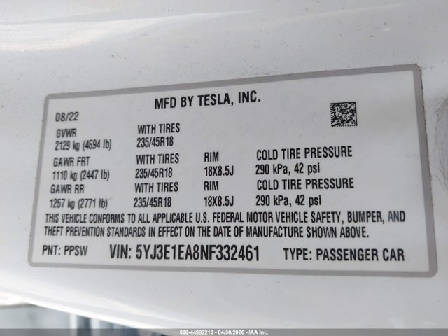 Tesla Model 3 Rear-wheel Drive 2022 5YJ3E1EA8NF332461 Image 9