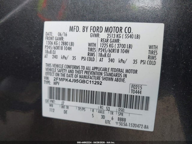 Продажа на аукционе авто 2016 Ford Edge Sel, vin: 2FMPK4J95GBC11292, номер лота: 44982224