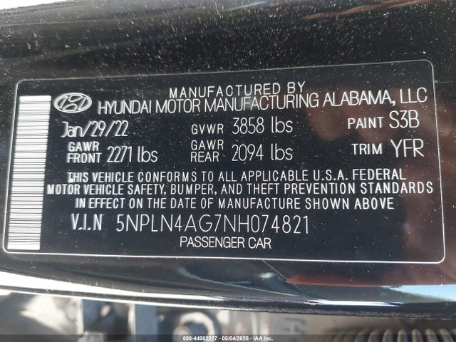 Aukcja sprzedaży 2022 Hyundai Elantra Sel, vin: 5NPLN4AG7NH074821, numer aukcji: 44982227