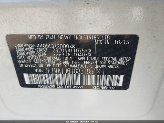 Auction sale of the 2016 Subaru Wrx Limited, vin: JF1VA1J61G8818513, lot number: 44982231