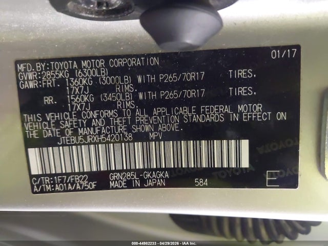 Aukcja sprzedaży 2017 Toyota 4runner Sr5, vin: JTEBU5JRXH5420138, numer aukcji: 44982233