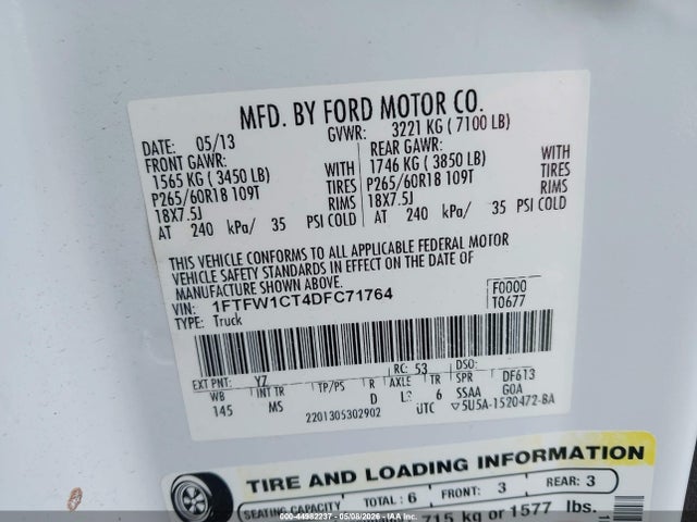 44982237 :رقم المزاد ، 1FTFW1CT4DFC71764 vin ، 2013 Ford F-150 Xlt مزاد بيع