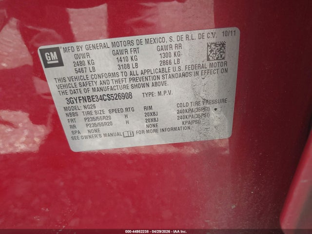 Продаж на аукціоні авто 2012 Cadillac Srx Performance Collection, vin: 3GYFNBE34CS526908, номер лоту: 44982238