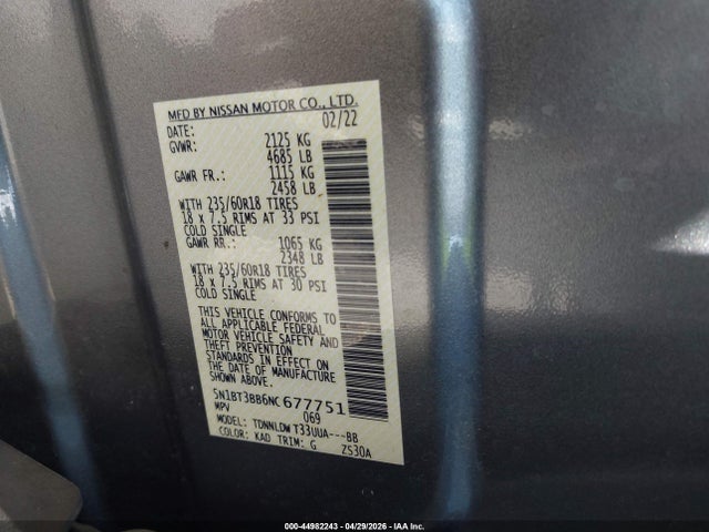 Aukcja sprzedaży 2022 Nissan Rogue Sv Intelligent Awd, vin: 5N1BT3BB6NC677751, numer aukcji: 44982243