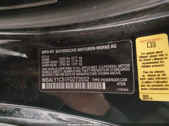 2015 Bmw 640i Xdrive მანქანა იყიდება აუქციონზე, vin: WBALY1C51FDZ73552, აუქციონის ნომერი: 44982252