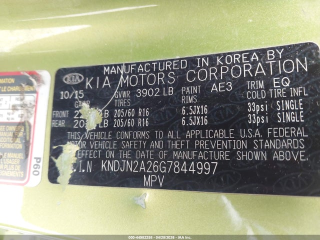 Продажа на аукционе авто 2016 Kia Soul, vin: KNDJN2A26G7844997, номер лота: 44982258