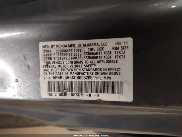 Продаж на аукціоні авто 2012 Honda Odyssey Ex-l, vin: 5FNRL5H6XCB006205, номер лоту: 44982282