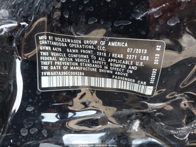 44982288 :رقم المزاد ، 1VWAH7A39EC009264 vin ، 2014 Volkswagen Passat 2.5l Wolfsburg Edition مزاد بيع