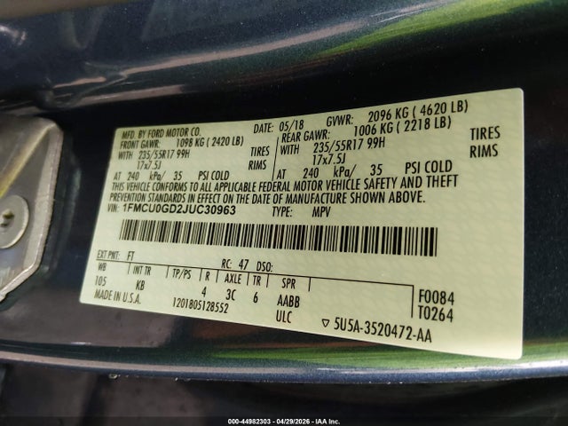 44982303 :رقم المزاد ، 1FMCU0GD2JUC30963 vin ، 2018 Ford Escape Se مزاد بيع