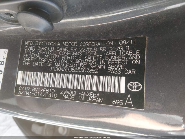 Aukcja sprzedaży 2011 Toyota Prius Two, vin: JTDKN3DU8B5307852, numer aukcji: 44982307