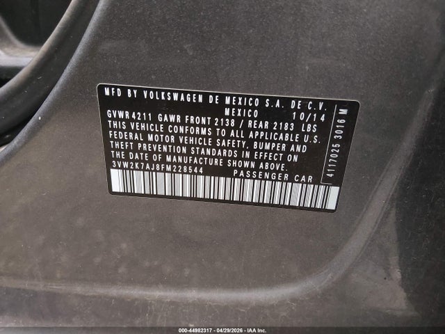 Продаж на аукціоні авто 2015 Volkswagen Jetta 2.0l S, vin: 3VW2K7AJ8FM228544, номер лоту: 44982317