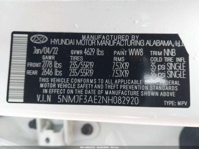 Продаж на аукціоні авто 2022 Hyundai Tucson Sel, vin: 5NMJF3AE2NH082920, номер лоту: 44982322