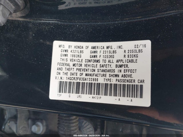 Aukcja sprzedaży 2016 Honda Accord Ex-l, vin: 1HGCR2F83GA132896, numer aukcji: 44982326