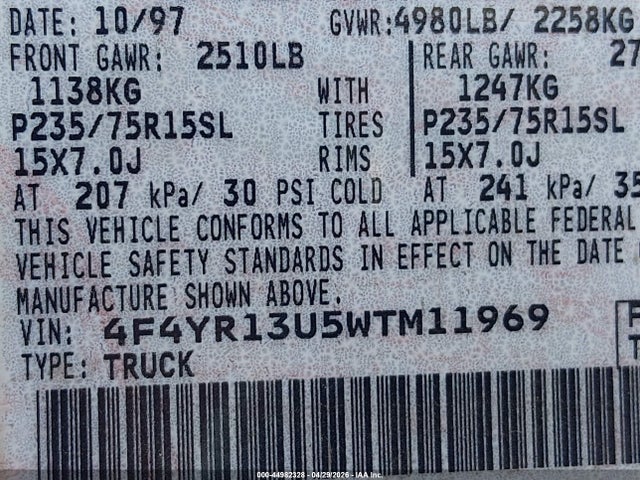 Продаж на аукціоні авто 1998 Mazda B3000 Se/sx, vin: 4F4YR13U5WTM11969, номер лоту: 44982328