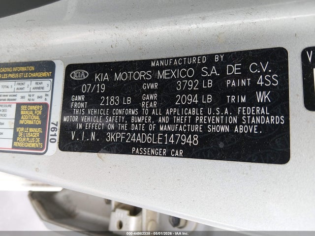 44982338 :رقم المزاد ، 3KPF24AD6LE147948 vin ، 2020 Kia Forte Lxs مزاد بيع