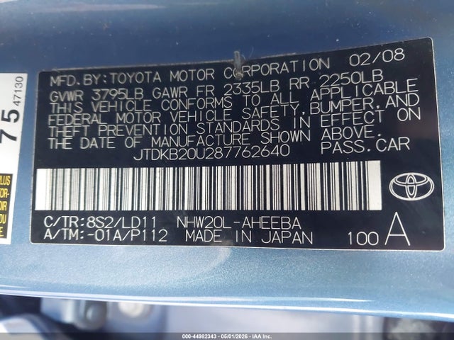 Aukcja sprzedaży 2008 Toyota Prius, vin: JTDKB20U287762640, numer aukcji: 44982343