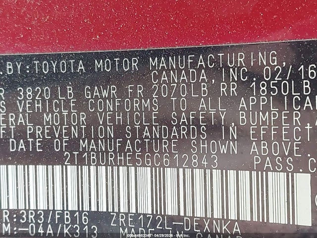 Aukcja sprzedaży 2016 Toyota Corolla Le, vin: 2T1BURHE5GC612843, numer aukcji: 44982345