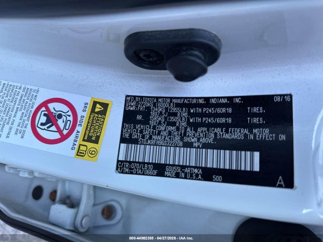 2016 Toyota Highlander Xle V6 მანქანა იყიდება აუქციონზე, vin: 5TDJKRFH9GS322708, აუქციონის ნომერი: 44982355
