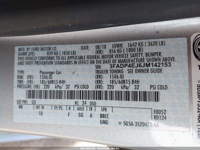 Продажа на аукционе авто 2018 Ford Fiesta Se, vin: 3FADP4EJ6JM142153, номер лота: 44982358