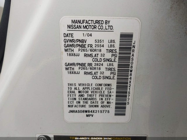 Продажа на аукционе авто 2004 Infiniti Fx35, vin: JNRAS08W84X215775, номер лота: 44982375