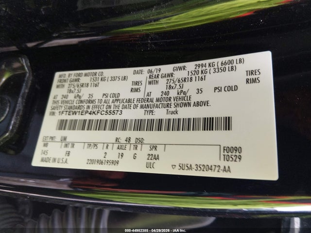 Aukcja sprzedaży 2019 Ford F-150 Xlt, vin: 1FTEW1EP4KFC55573, numer aukcji: 44982385