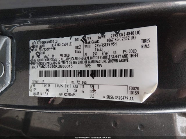Продаж на аукціоні авто 2019 Ford Escape Titanium, vin: 1FMCU9J90KUB63015, номер лоту: 44982386
