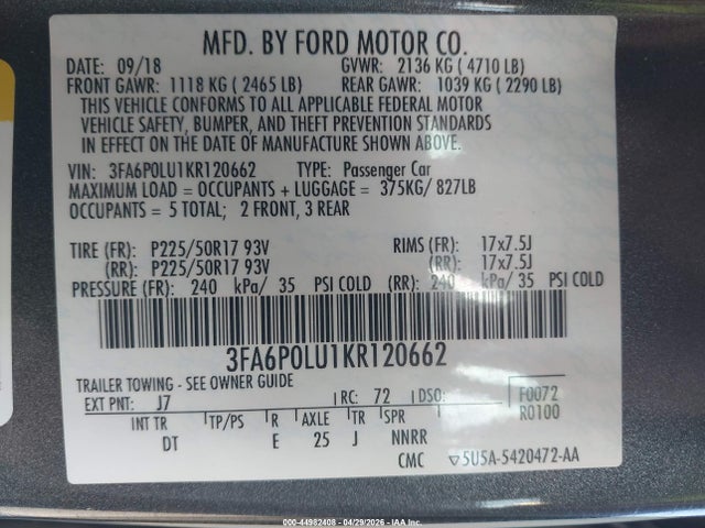 3FA6P0LU1KR120662 Ford Fusion Hybrid Se